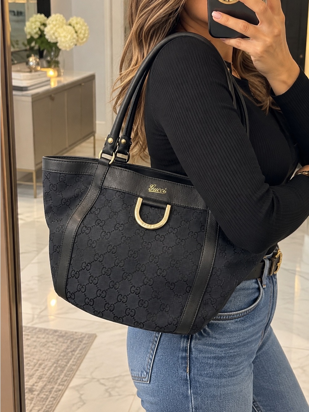 Gucci GG Canvas Abbey Black Leather Trim Shoulder Bag Authentic
